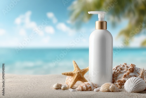 A bottle of soap rests on a sandy beach surrounded by shells and small sea creatures.