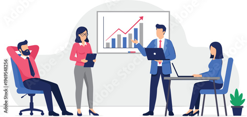 Business team meeting with presentation growth chart office workers discussing strategy corporate teamwork vector illustration scene