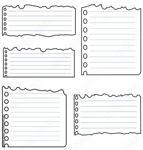 罫線入りノート風の破れた紙フレームセット 手書きメモやチェックリストに使えるシンプルな紙素材イラスト