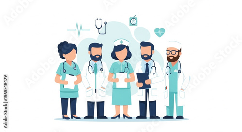 Diverse group of medical professionals standing together in teal and white scrubs with a clean white background