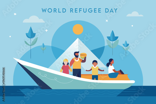 World Refugee Day illustration depicting a family traveling by boat under a sun