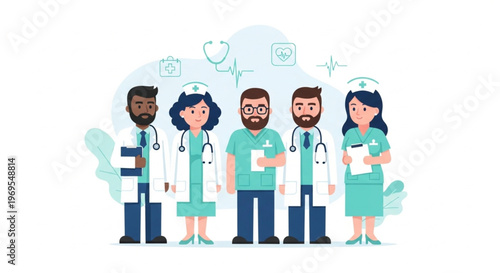A diverse group of medical professionals standing together in a friendly and approachable manner with a clean white background