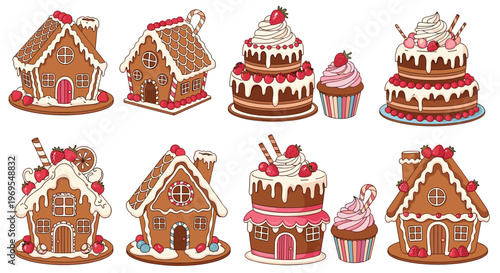 Delightful collection of decorated gingerbread houses, tiered chocolate cakes, and pink cupcakes topped with fresh strawberries and cream.