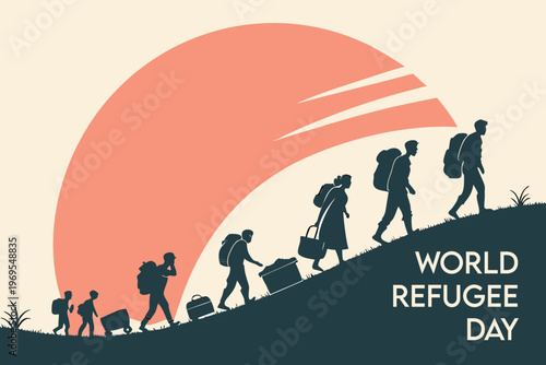 Silhouetted figures walking uphill with luggage commemorating world refugee day