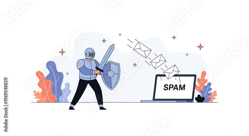 Brave knight in silver armor with a sword and shield defends a laptop computer from incoming spam email envelopes in a digital security theme.
