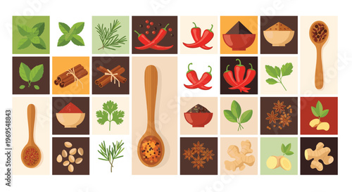 Grid of various culinary herbs and spices includes chili peppers, cinnamon sticks, ginger root, star anise, and powdered seasonings in bowls.