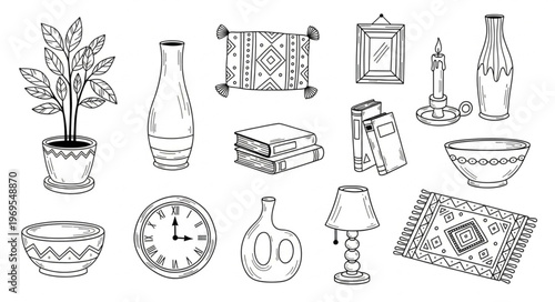 Collection of Hand-Drawn Home Decor Objects and Furnishings.