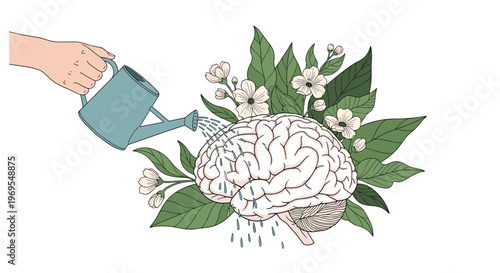 Creative conceptual illustration shows a hand with a blue watering can pouring water onto a human brain surrounded by blooming white flowers.