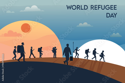 World refugee day illustration silhouettes of people walking towards the sun