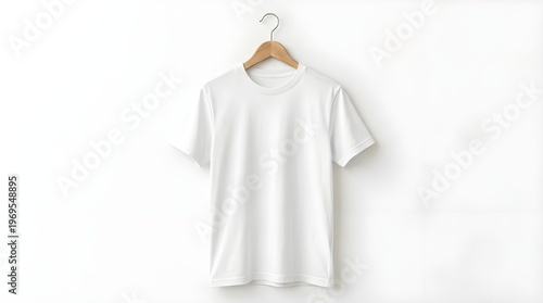 Blank T-Shirt Hanging on Wooden Hanger Isolated on White