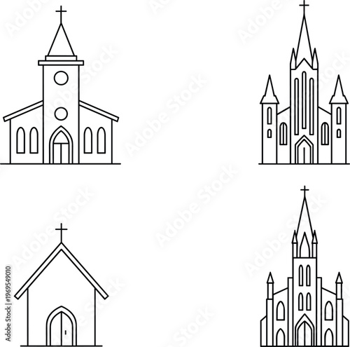 Church Building Icons Set with Simple and Gothic Styles for Religious and Architectural Themes
