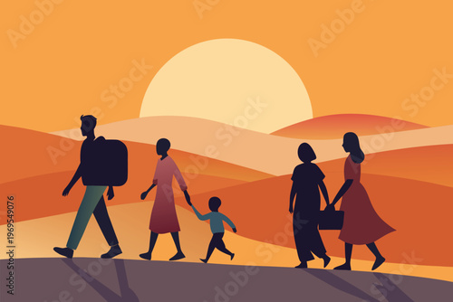 Silhouetted family walking towards a large sun over a desert landscape