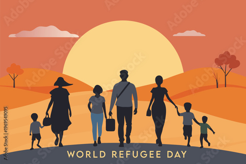 Silhouetted family walking towards a vibrant sunset on world refugee day