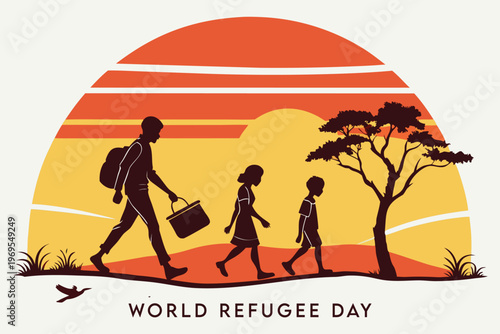 Family silhouetted against a sunset commemorating world refugee day high quality