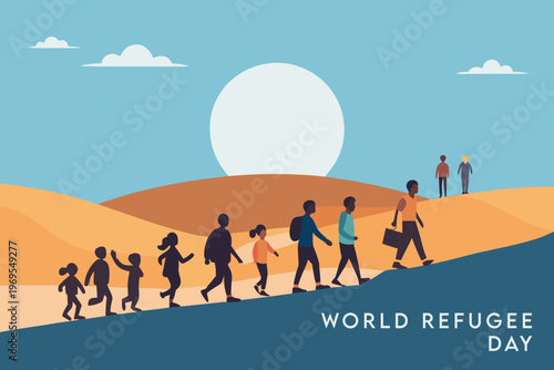 Silhouetted figures walk towards a bright horizon with world refugee day text