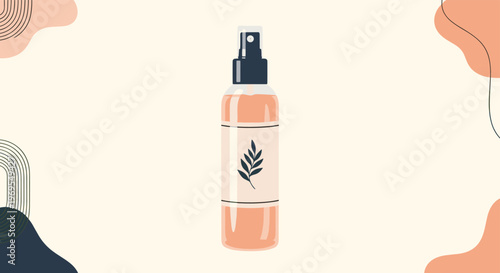 Cosmetic or cleaning spray bottle with a peach colored liquid and a simple leaf emblem on the label against an abstract background.