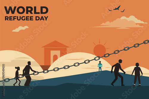 World refugee day illustration showing people pulling a chain towards a home