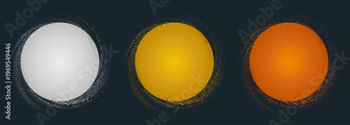 ドットの粒子で縁取られた3色の円形グラフィックセット、ホワイト・ゴールド・オレンジの鮮やかな配色が印象的なポップでモダンな装飾素材