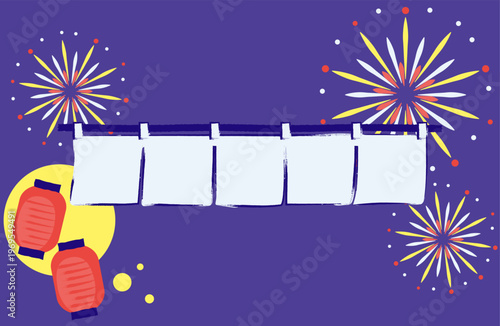 花火が打ちあがる夜景と赤い提灯、暖簾のイラスト