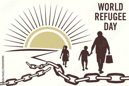 World refugee day illustration depicting a family walking towards the sunrise