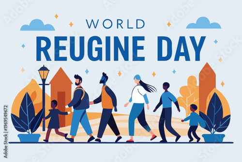 Celebrating world refugee day with diverse people walking in a colorful cityscape