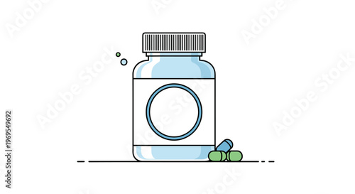Simple line art illustration of a medicine pill bottle with a white label and several green and blue capsules lying beside it.