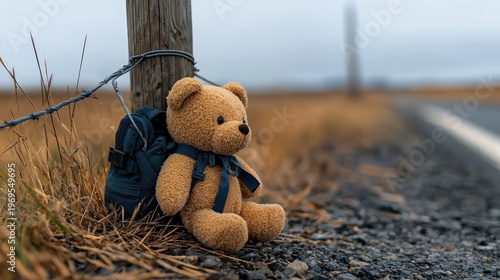 A teddy bear with a backpack rests against a fence post by a road, amidst a rural landscape under overcast skies
