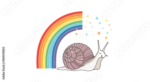 Whimsical illustration of a purple striped snail crawling peacefully under a colorful rainbow with magical stars in the sky.