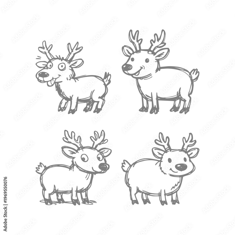 Obraz premium Cute Reindeer Characters Set, Hand Drawn Sketch Style Christmas Animals