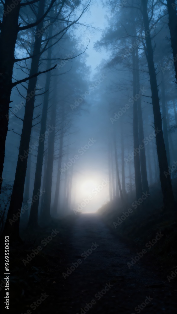 Fototapeta premium Misty forest pathway with trees fading into fog representing mystery and nature mood