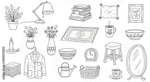Collection of Hand-Drawn Home Decor Objects and Plants.