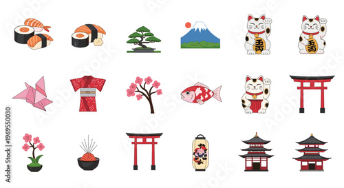 Diverse collection of Japanese icons including sushi, Mount Fuji, cherry blossoms, a lucky cat, torii gates, and lanterns.
