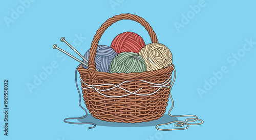 Traditional brown wicker basket filled with several balls of colorful yarn and two knitting needles for a crafting hobby.