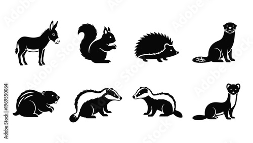 A collection of various forest animals depicted in a stark black and white style creating a bold silhouette high quality professional