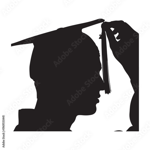 Graduate adjusting mortarboard cap silhouette profile
