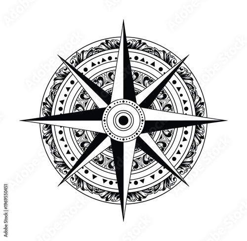 Vector of a compass rose with intricate floral designs and star-like points