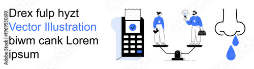 Decision making, innovation, healthcare, business solutions, financial management, fairness. Scales with two professionals, payment terminal dripping nose. Decision making and fairness visualization