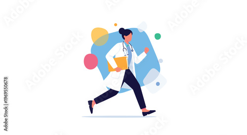 Female doctor in a white lab coat with a stethoscope around her neck running quickly while holding a yellow medical folder.