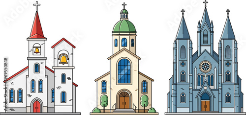 Church Building Set with Different Architectural Designs and Styles in Three Different Layouts
