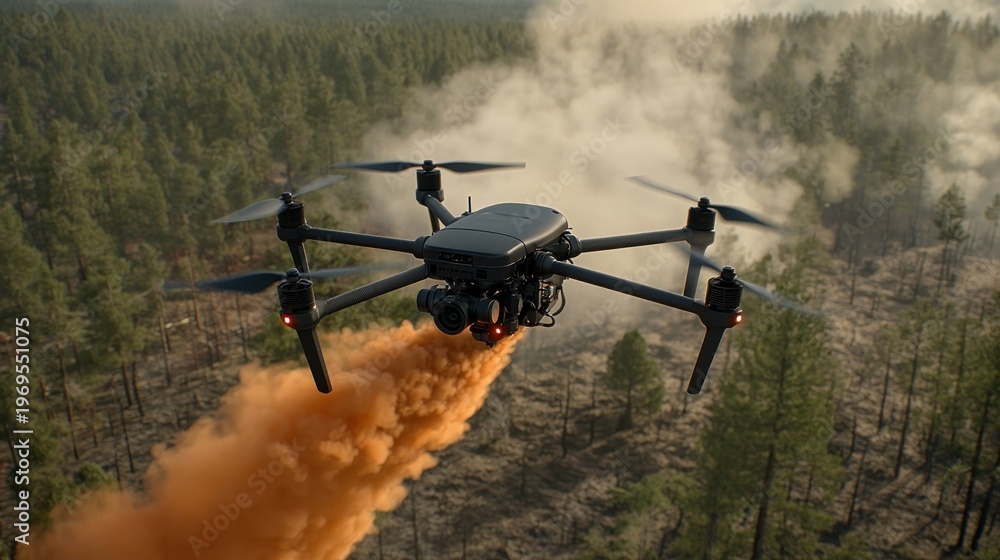 Fototapeta premium A drone sprays orange mist over a forest. The drone's propellers spin as it flies forward, smoke billowing behind