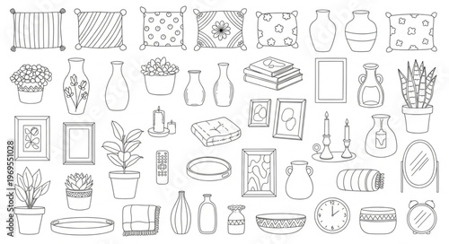 Collection of Hand-Drawn Home Decor and Decorative Objects Sketches.
