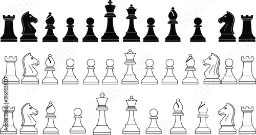 Chess pieces silhouette and outline set, black white board game elements, king queen rook bishop knight pawn illustration collection