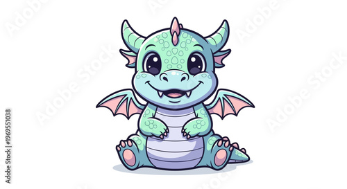 A cartoon dragon with green and blue scales and pink wings and horns sits smiling on a white background with a cheerful mood.
