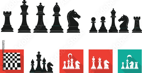 Chess pieces silhouette set, black white board game elements, strategy concept illustration, king queen rook bishop knight pawn isolated design