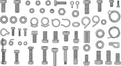 Hardware bolts and nuts set, metal fasteners collection, screws washers rings hooks industrial elements, engineering illustration isolated design pack
