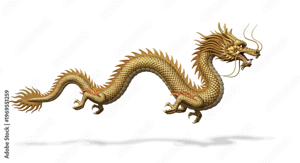 Fototapeta premium A golden dragon with orange spikes and red accents is depicted in a dynamic, curved pose against a clean white background with subtle shadow.