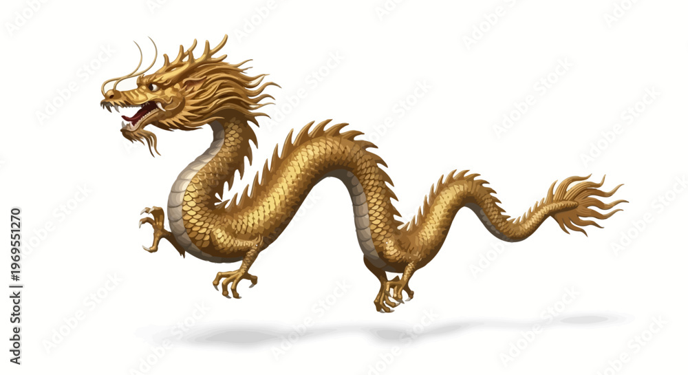 Fototapeta premium A golden dragon with a fierce expression and spiky scales appears to be jumping or dancing on a plain white background with a subtle shadow underneath.