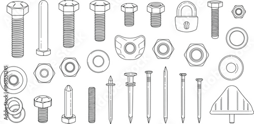 Photography set of bolts nuts screws washers fasteners hardware illustration, industrial met