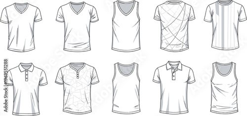 T shirt collection set, men clothing apparel, polo tank and v neck shirts, casual fashion illustration isolated design