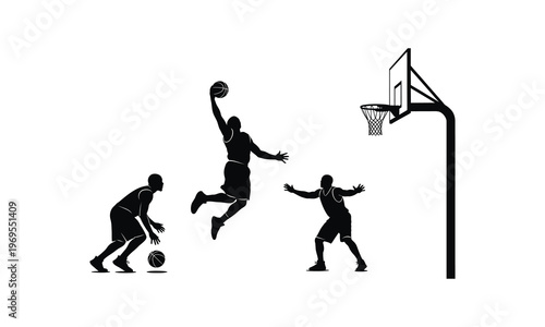 Basketball player silhouettes jumping for slam dunk during competition.